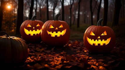 Halloween pumpkins in the forest at night. Halloween background with Evil Pumpkin. AI Generated