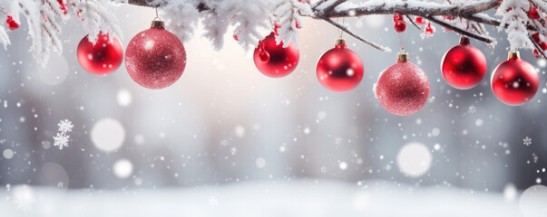 Festive red christmas baubles hanging from a tree with a snowy winter landscape background - obrazy, fototapety, plakaty