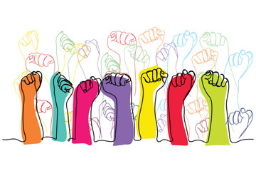 Row of man hands showing clenched fist gesture. Victory or protest group of signs. Human hands gesturing diversity and inclusion. Many arms raised together and present popular gesture. tolerance art.
