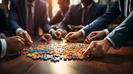 Concept of teamwork and partnership. Hands join puzzle pieces in the office. business people putting the jigsaws team together. ai generative