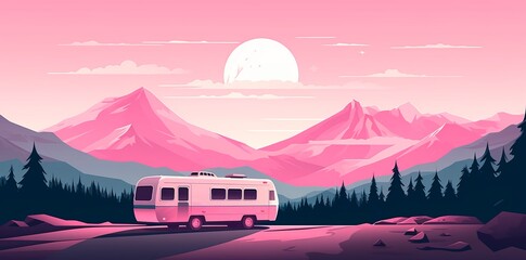 vintage style illustration of a a camper sitting in the middle of the mountains at sunse or sunrise , , nature travel and adventure concept - obrazy, fototapety, plakaty
