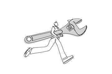 Man holding wrench. Concept of technical service, mechanical repair,maintenance work, professional support, help or assistance. Modern flat vector illustration. Continuous line art. man holding Wrench