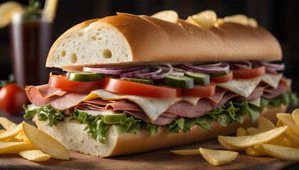 Italian sub sandwich with chips. A classic and savory combo for a quick and tasty meal, generative AI.