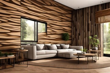 Wood textured  in a room interior on the forest  Immerse yourself in a room where wood-textured define the interior space, creating a cozy and natural ambiance.  
