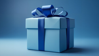 Blue gift box with a ribbon on a blue background. A simple and elegant composition conveying the charm of gift-giving, Generative AI.