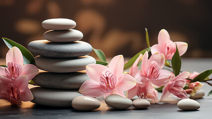 Obraz na płótnie Canvas Lily and spa stones in zen garden. Stack of spa massage stones with pink flowers. copy space