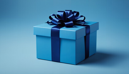 Obraz premium Blue gift box with a ribbon on a blue background. A simple and elegant composition conveying the charm of gift-giving, Generative AI.