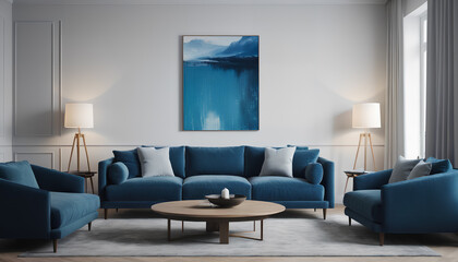 modern living room with blue couch. stylish and contemporary design, generative AI