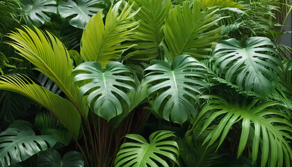 Lush tropical foliage: Monstera, palm leaves, Calathea. vibrant greenery paradise, generative AI