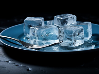 ice cubes in a plate on a black background