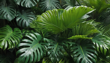 Fototapeta na wymiar Lush tropical foliage: Monstera, palm leaves, Calathea. vibrant greenery paradise, generative AI
