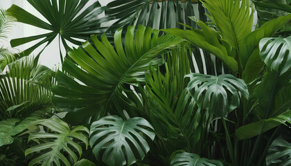 Fototapeta na wymiar Lush tropical foliage: Monstera, palm leaves, Calathea. vibrant greenery paradise, generative AI