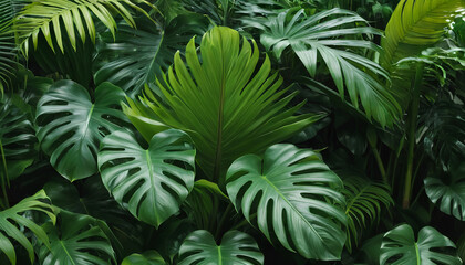 Lush tropical foliage: Monstera, palm leaves, Calathea. vibrant greenery paradise, generative AI