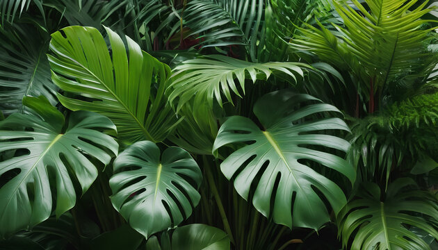 Lush tropical foliage: Monstera, palm leaves, Calathea. vibrant greenery paradise, generative AI