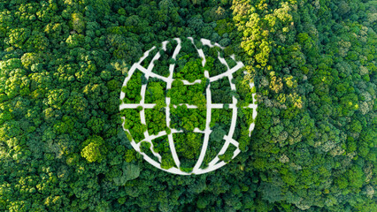 The shape of the world is a continent surrounded by pure nature. The forest is full of green trees. environmental concept Ecological forest, conservation, climate change, global warming, conservation