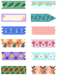 set of elements of colorful and cute washi tape sticker for bullet journal or planner