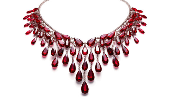 Crimson Cascade Delight Realistic Necklace Display on a Clear Surface or PNG Transparent Background.