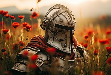 Medieval knight in a field of red flowers symbol of peace - obrazy, fototapety, plakaty
