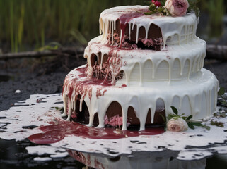 Chocolate wedding cake lies in a puddle in the mud