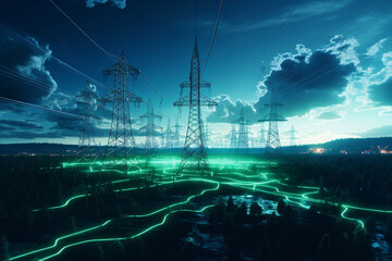 Power grid at night with green energy flowing through it depicting the concept of renewable energy - obrazy, fototapety, plakaty