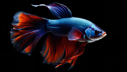 Fototapeta premium Betta fish, a colorful Siamese fighting fish with a beautiful silk tail. A captivating aquatic display of vibrant hues and graceful fins, Generative AI.