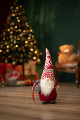new year, christmas, santa claus, spruce, new year mood, blurred background, bokeh, beautiful, interior