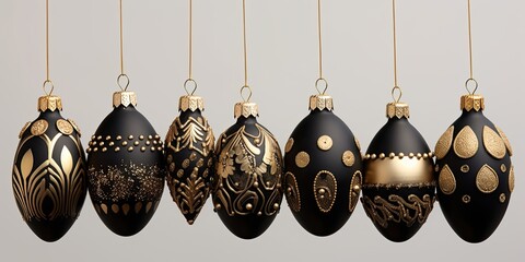 Christmas Tree Ornament Sets, black and gold colour on gray background.