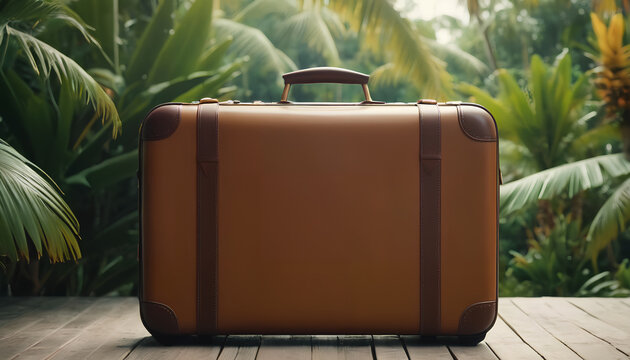 Symbolic of vacation travel, a suitcase set against a backdrop of a vibrant tropical scene. Evoking the essence of adventure and relaxation in a sun-soaked paradise, Generative AI.