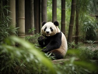 Fototapeta premium Panda in Peaceful Forest in Bamboo Wonderland 