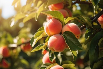 Bountiful harvest. Ripe summer fruits on tree. Nature bounty. Fresh and juicy peaches on branch. Agricultural delight. Healthy and delicious peach