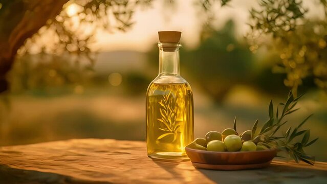 Olive oil. Still life with g lass bottle with natural olive oil and green olives on wooden board on a blurred background of an olive grove. Mediterranean healthy food. Harvest of olives