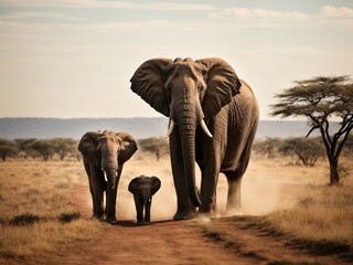 Elephant Family Walking on Dusty Road
