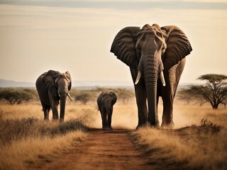Obraz premium Majestic Elephants in Dusty Road Scene