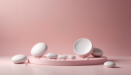 Elegant cosmetic mockup set against a backdrop of ceramic stones. A sophisticated pink podium background perfect for showcasing product displays, creating an alluring and stylish presentation, Generat