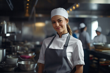 Business portrait of a female professional chef, standing in the kitchen and smiling at the camera