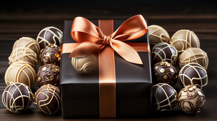Sweet food confectioner photography background, square - Variety chocolate pralines in a gift box...