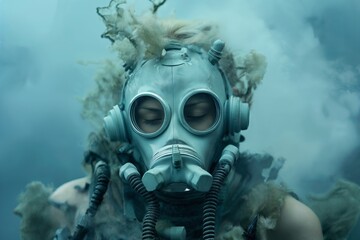 portrait of a woman wearing a transparent glass helmet or a futuristic breathing mask, underwater