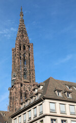 Fototapeta na wymiar Single Bell Tower of the Historic Strasbourg Cathedral in France
