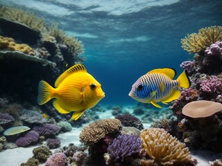 Naklejka na ściany i meble tropical coral reef Blue and Yellow Fish Swimming Together