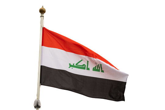 Large Iraqi flag fluttering in the wind. National flag of Iraq for advertising, holidays, achievements, festivals, elections. The national flag of Iraq flutters in the beautiful sky. Great for news.