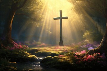 Wooden cross in the forest with sunlight in the morning