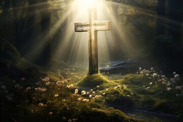 Fototapeta premium Wooden cross in the forest with sunlight in the morning