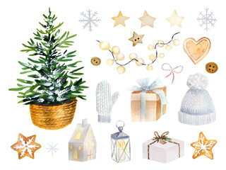Watercolor hand drawn set of christmas elements in nature colors