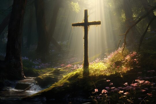 Wooden cross in the forest with sunlight in the morning