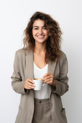 Happy woman with cup of coffee on white background