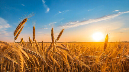 Spikelets against the blue sky Spikes of wheat against the blue sky at sunset, generated AI. - obrazy, fototapety, plakaty