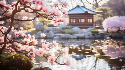 Fotobehang 花と日本庭園、日本的な寺の風景 © tota