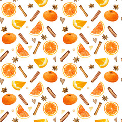 Watercolor seamless pattern with orange citrus slices and spices