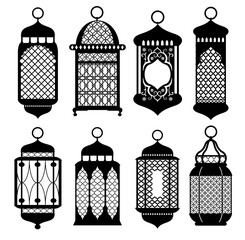 Islamic lantern silhouette flat set. Black Ramadan lanterns. Arabic lamps silhouettes vintage Egyptian Moroccan Dubai eastern lamp for Islamic mosque or Arabian lighting. Vector illustration.