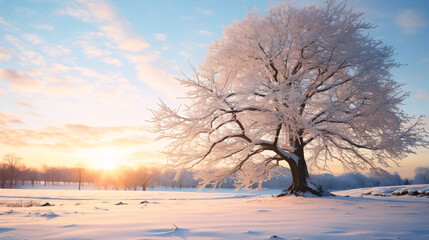 冬の背景、空と雪の積もる木、自然の風景 - obrazy, fototapety, plakaty